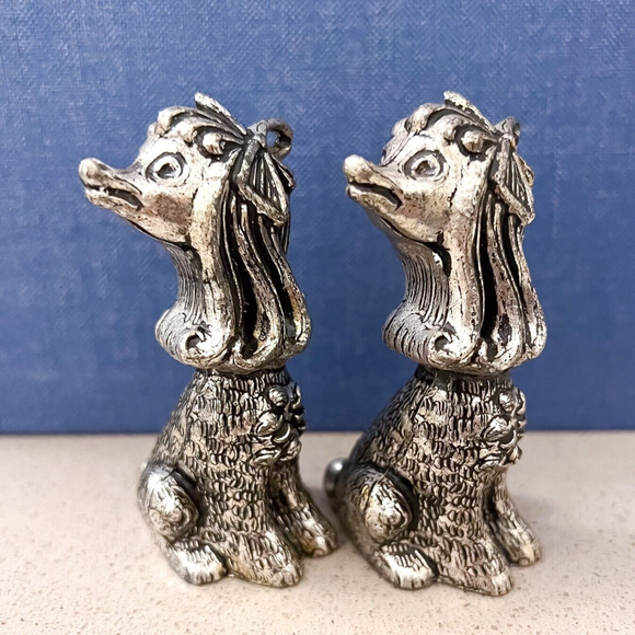 Pair Silver Finish 3in Poodle Afghan Dog Figurine Signed Italy Vintage Ribbon - Picture 5 of 6
